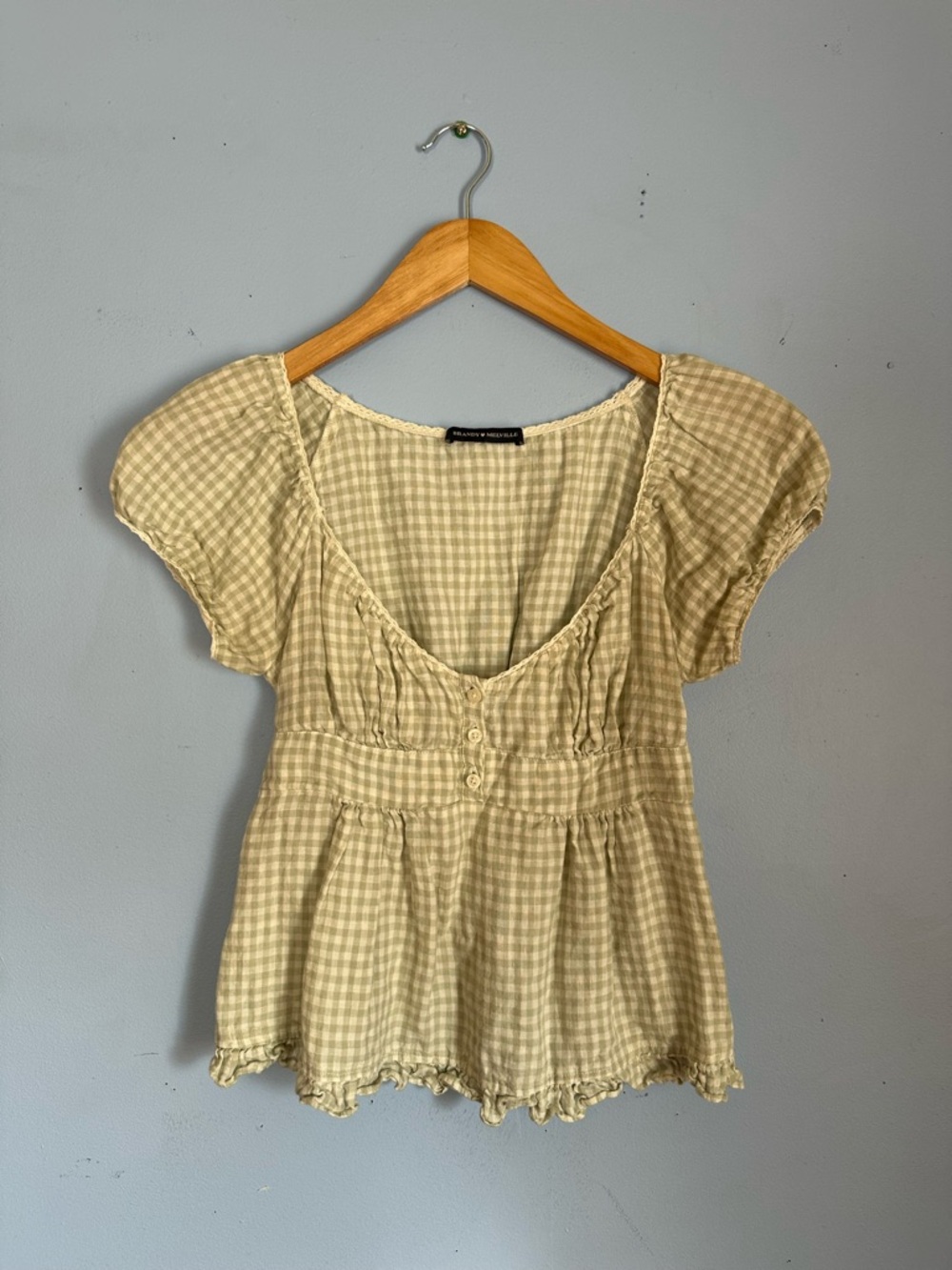 Brandy Melville Pale Green Gingham Scoop-Neck Blouse